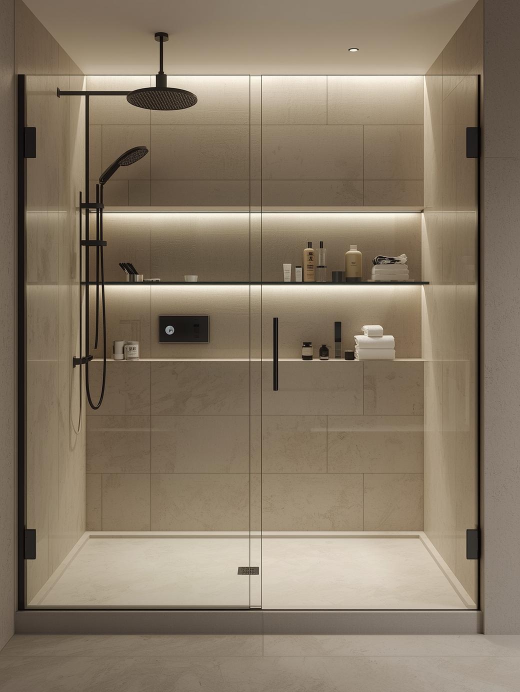 Fixed Shower Screens with Built-in Shelving